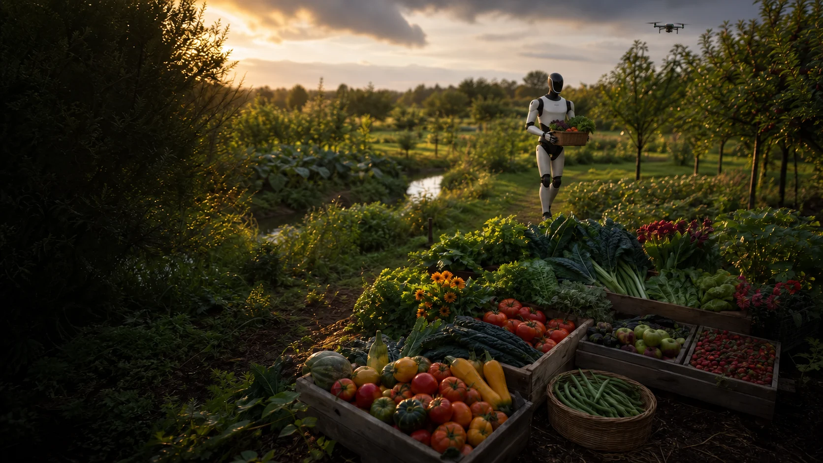 Future concept of a community harvest with a humanoid carrying produce and an imaging drone above the orchard