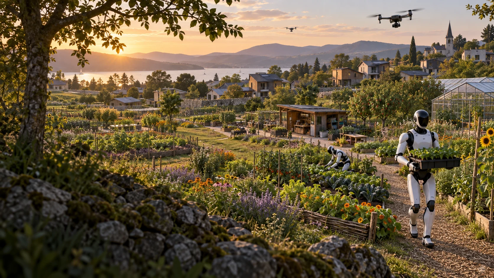 Future concept of village growing parcels and orchards served by shared humanoid robots and small camera drones