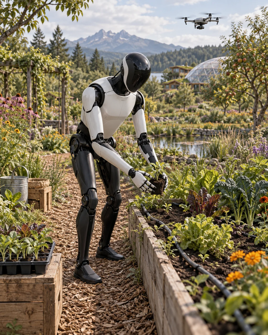 Future concept of a white-and-black bipedal humanoid planting in a diverse growing space with a small imaging drone overhead